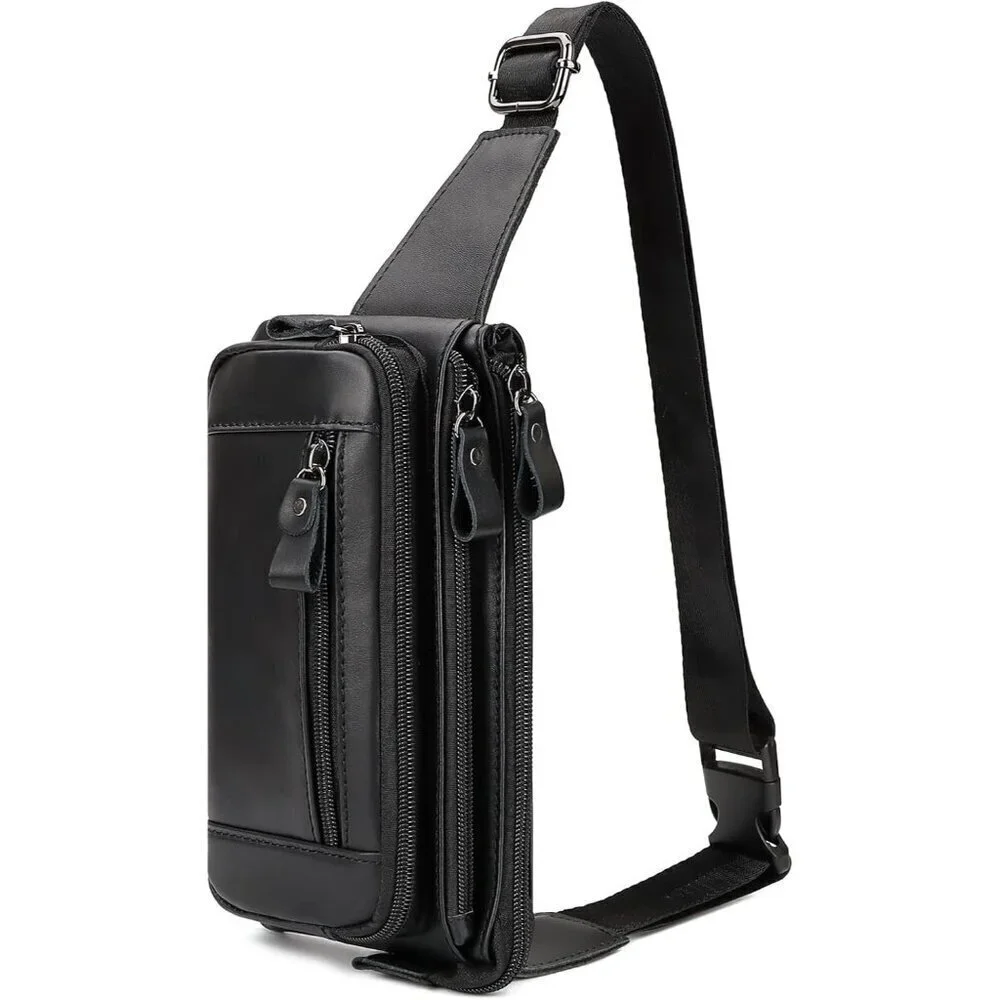💫 Men Black Leather Adjustable Fashion Small Travel Hiking Cycling Waist Packs